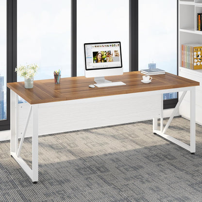 63-Inch Executive Computer Desk with 47-Inch Lateral File Cabinet, Large Workstation Business Furniture, L Shaped Desk with Drawers and Storage Shelves for Home Office, Walnut & White