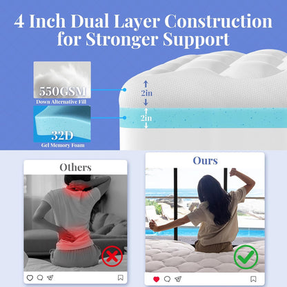 Cooling 4 Lnch Queen Size Dual Layer Mattress Topper, 2 Inch Gel Memory Foam, 2 Inch Soft Pillow Top Pad, Guest Bedroom Essentials Mattresses Cover, Extra Comfortable Sleep and Back Pain Relief