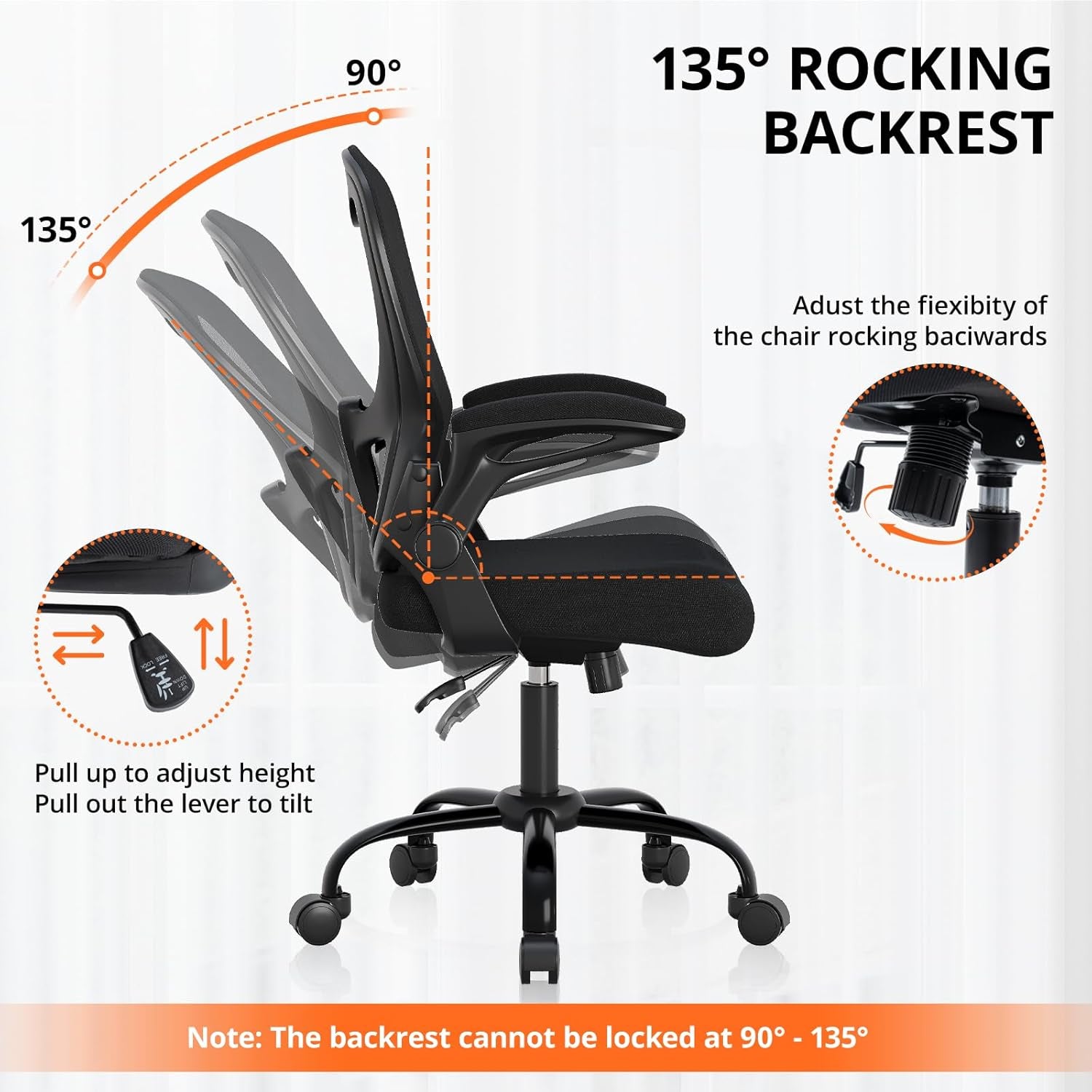 Office Chair, Ergonomic Desk Chair Breathable Mesh Chair with Adjustable High Back Lumbar Support Flip-Up Armrests, Long Hours Comfortable Computer Chair for Home Office, Black