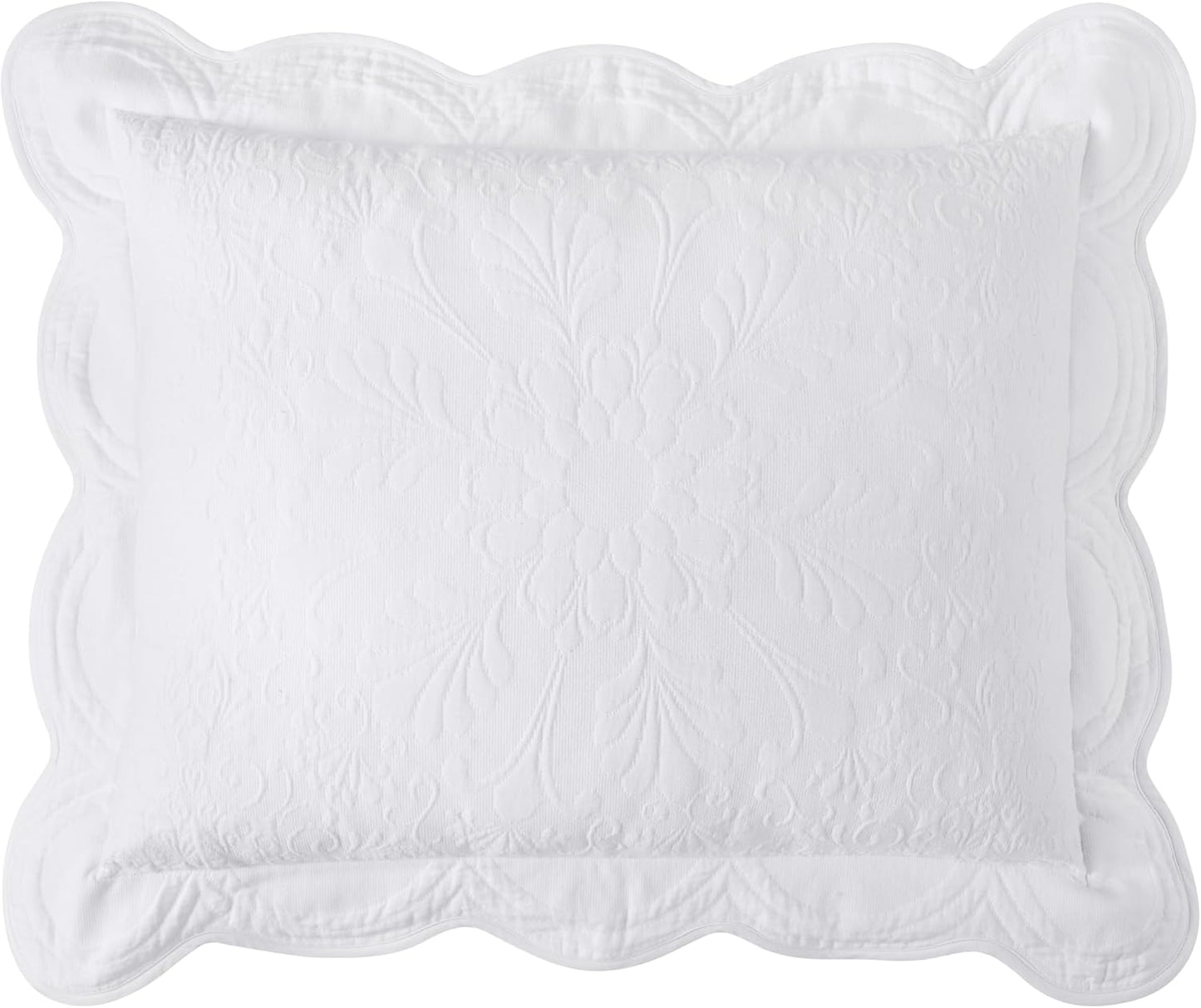 Charleston Estate Modern Farmhouse Floral Matelasse Decorative Pillowcase with Scalloped Edges, 100% Cotton Breathable Bedding, King Sham (20" X 36"), White Floral