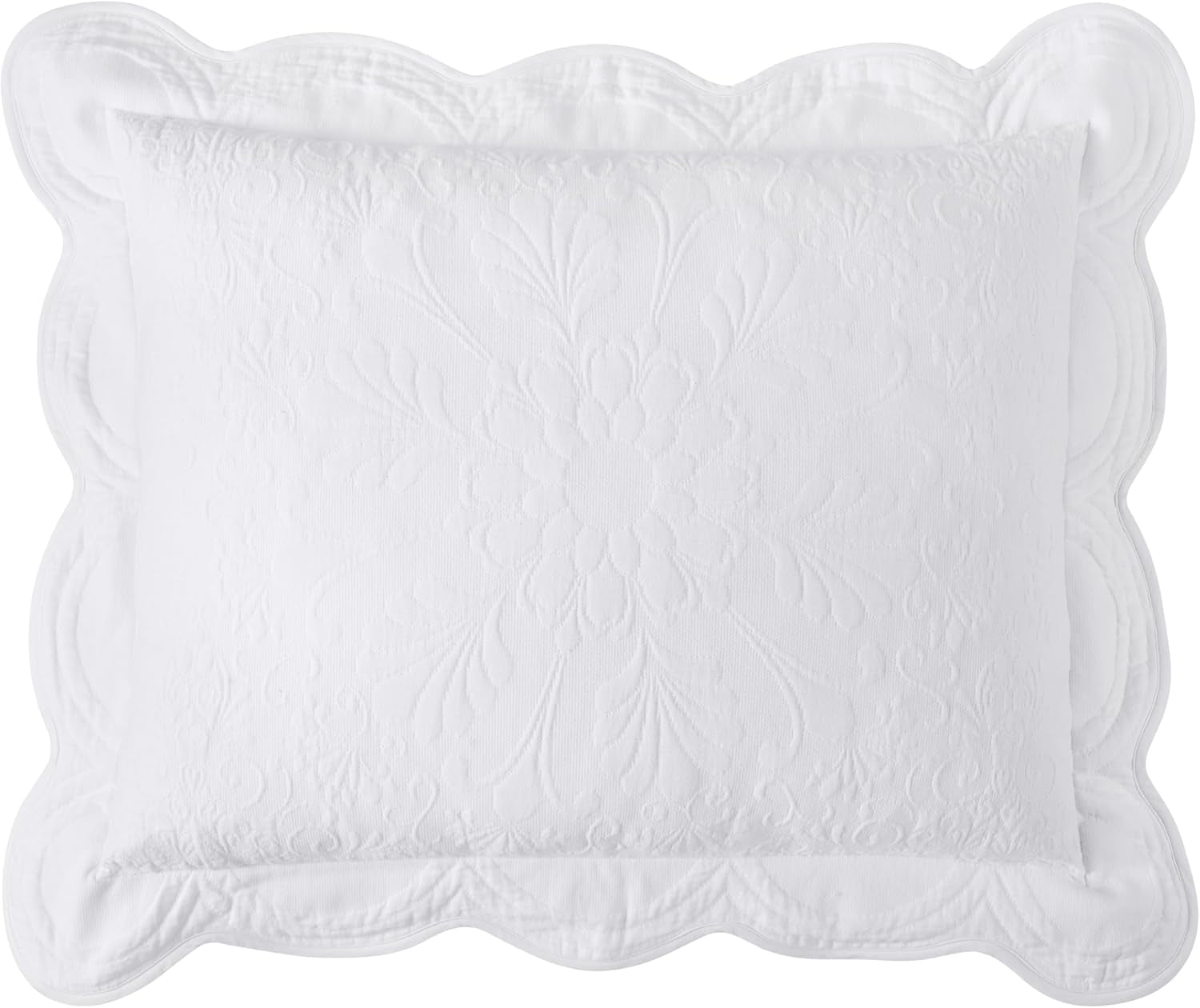Charleston Estate Modern Farmhouse Floral Matelasse Decorative Pillowcase with Scalloped Edges, 100% Cotton Breathable Bedding, King Sham (20" X 36"), White Floral