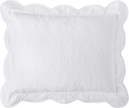 Charleston Estate Modern Farmhouse Floral Matelasse Decorative Pillowcase with Scalloped Edges, 100% Cotton Breathable Bedding, King Sham (20" X 36"), White Floral