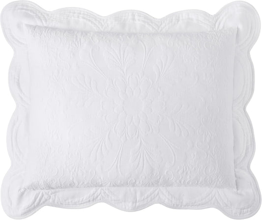 Charleston Estate Modern Farmhouse Floral Matelasse Decorative Pillowcase with Scalloped Edges, 100% Cotton Breathable Bedding, King Sham (20" X 36"), White Floral
