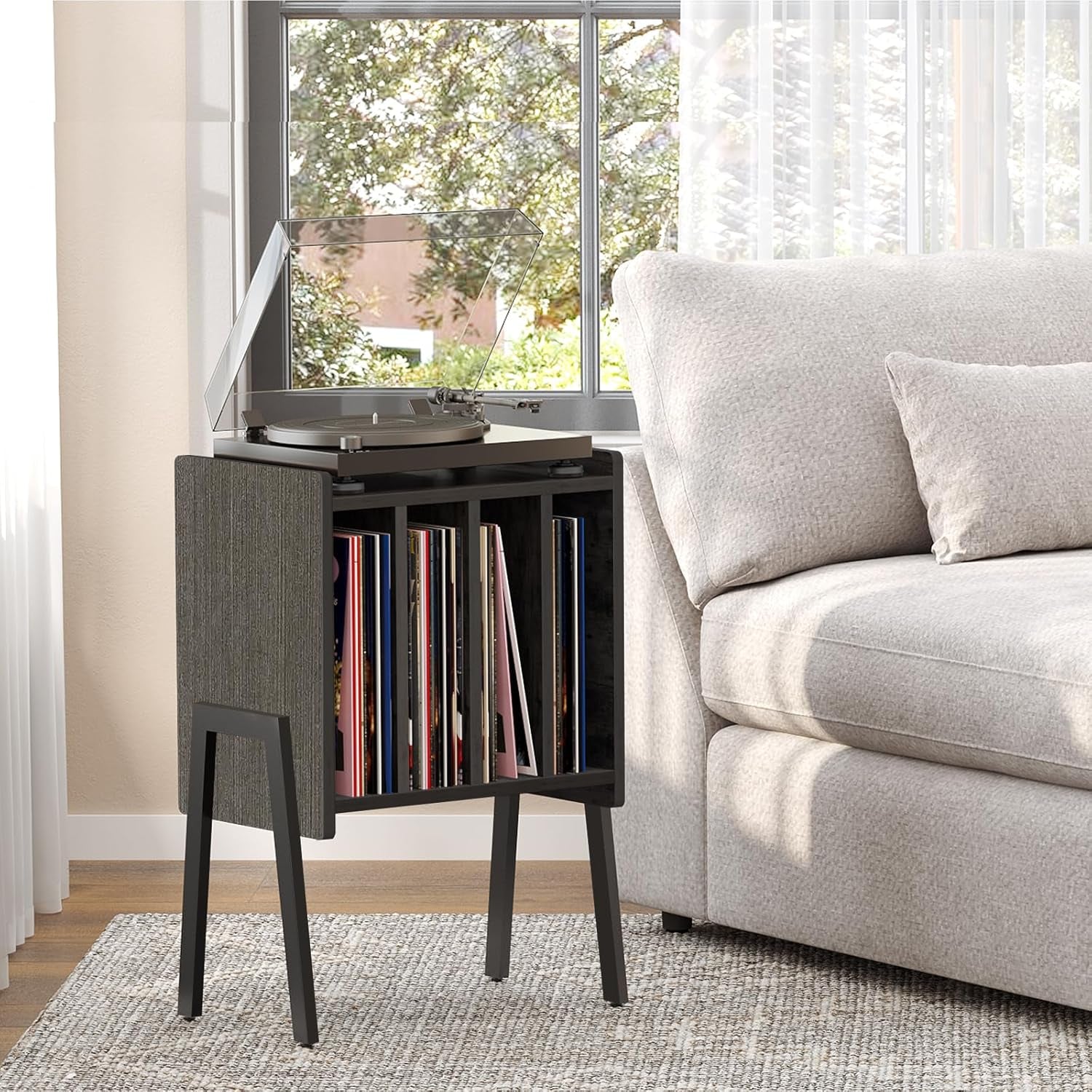 Record Player Stand, Record Storage Table, End Table with Vinyl Holder Display Shelf, Side Table, Turntable Stand, Nightstand (Black)