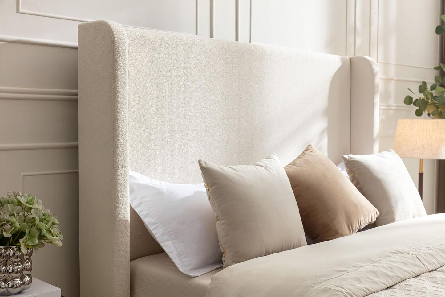 Tall Headboard Upholstered Bed,Queen Size Platform Bed Frame with Headboard Wingback,54" High No Box Spring Needed Easy Assembly Elegant Simplicity Ivory Boucle
