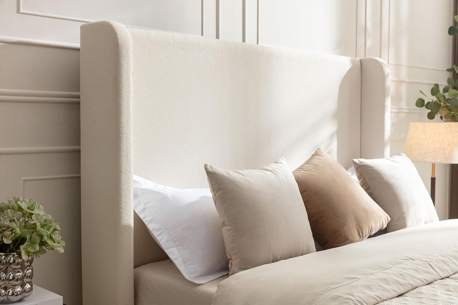 Tall Headboard Upholstered Bed,Queen Size Platform Bed Frame with Headboard Wingback,54" High No Box Spring Needed Easy Assembly Elegant Simplicity Ivory Boucle