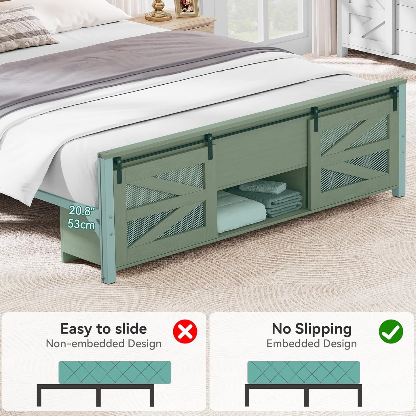 Queen Size Farmhouse Bed Frame with Sliding Barn Door Storage Cabinets, Platform Bed Frame with 47.2" Headboard, Solid Metal Slats Support, Noiseless, No Box Spring Needed, Oak