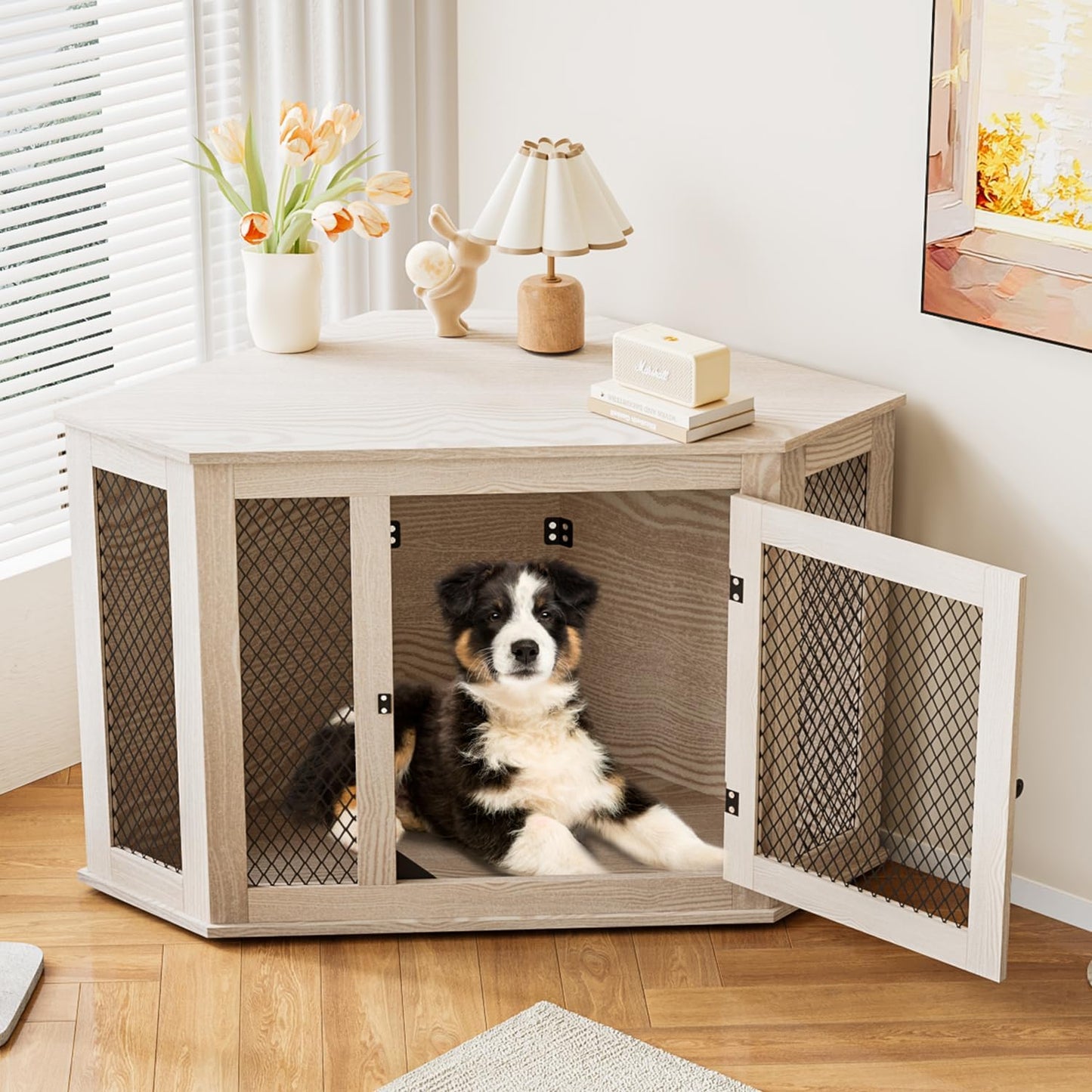Corner Dog Crate Furniture,44 Inch Decorative Pet Crate with Metal Mesh,Wooden Dog Kennel Indoor Use for Small Medium Dogs,Dog House TV Stand,Perfect for Limited Room,White