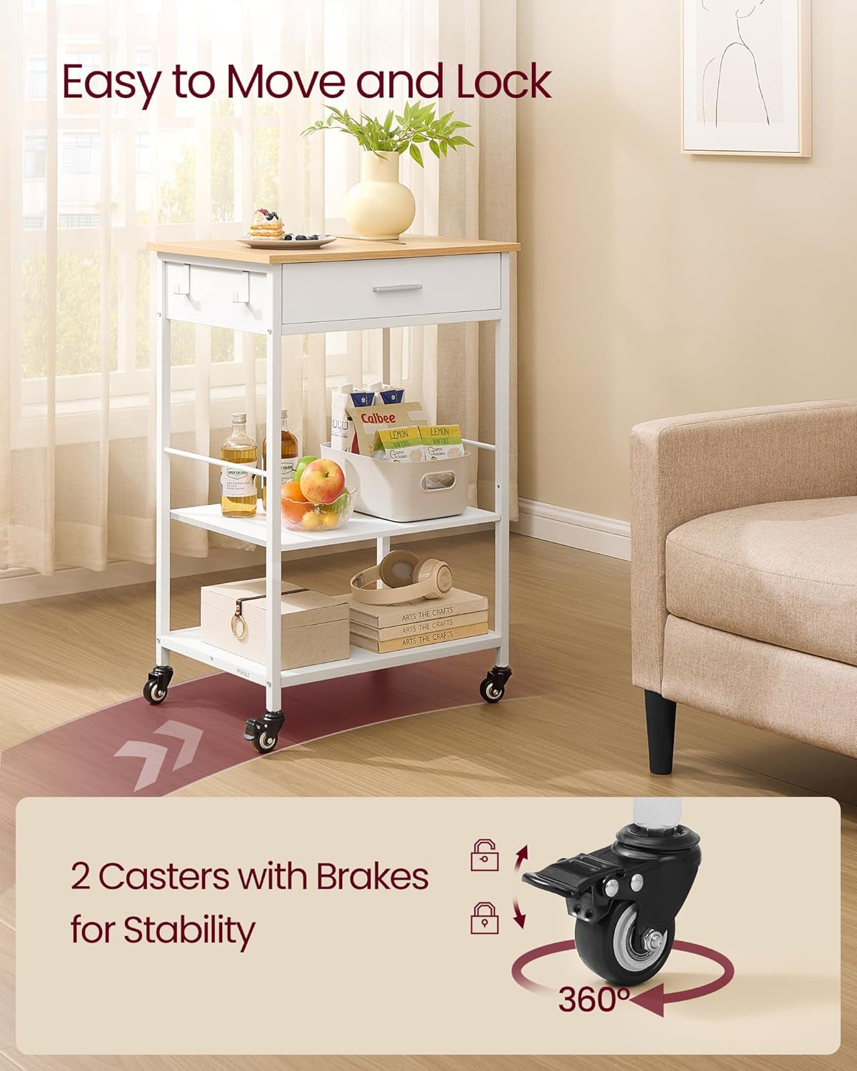 Kitchen Rolling Island, Mobile Kitchen Cart with Storage on Wheels, 17.7 X 23.6 X 35.4 Inches, Drawer, 2 Hooks, for Dining Room, Oak Beige and Matte White UKKI007Y01