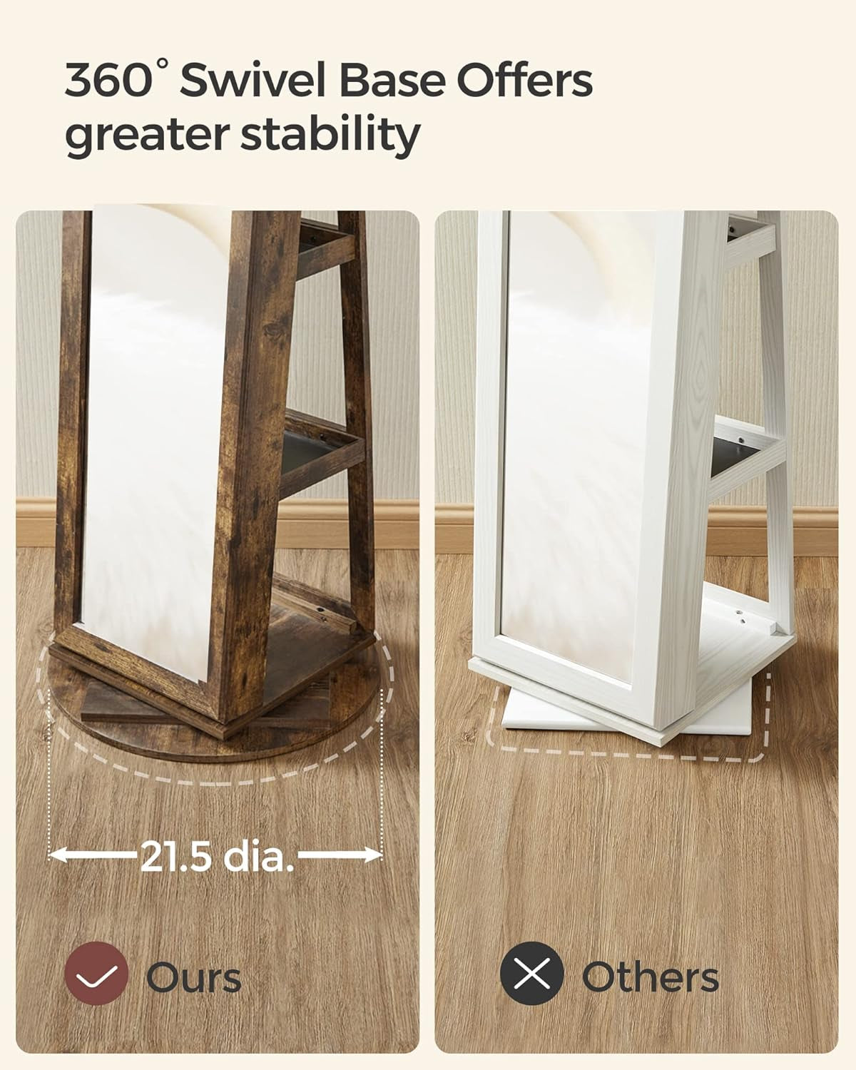 360° Swivel Jewelry Cabinet, Lockable Jewelry Organizer with Full-Length Mirror, Rear Storage Shelves, Interior Mirror, Jewelry Armoire, Gift Idea, Rustic Brown UJJC006X01