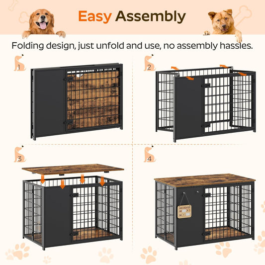 Foldable Dog Crate Furniture, Dog Crate with DIY Frame, Heavy Duty Dog Kennel Indoor with Hooks, Wooden Dog Cage End Table, for Small/Medium Dogs, Rustic Brown and Black DC95BR
