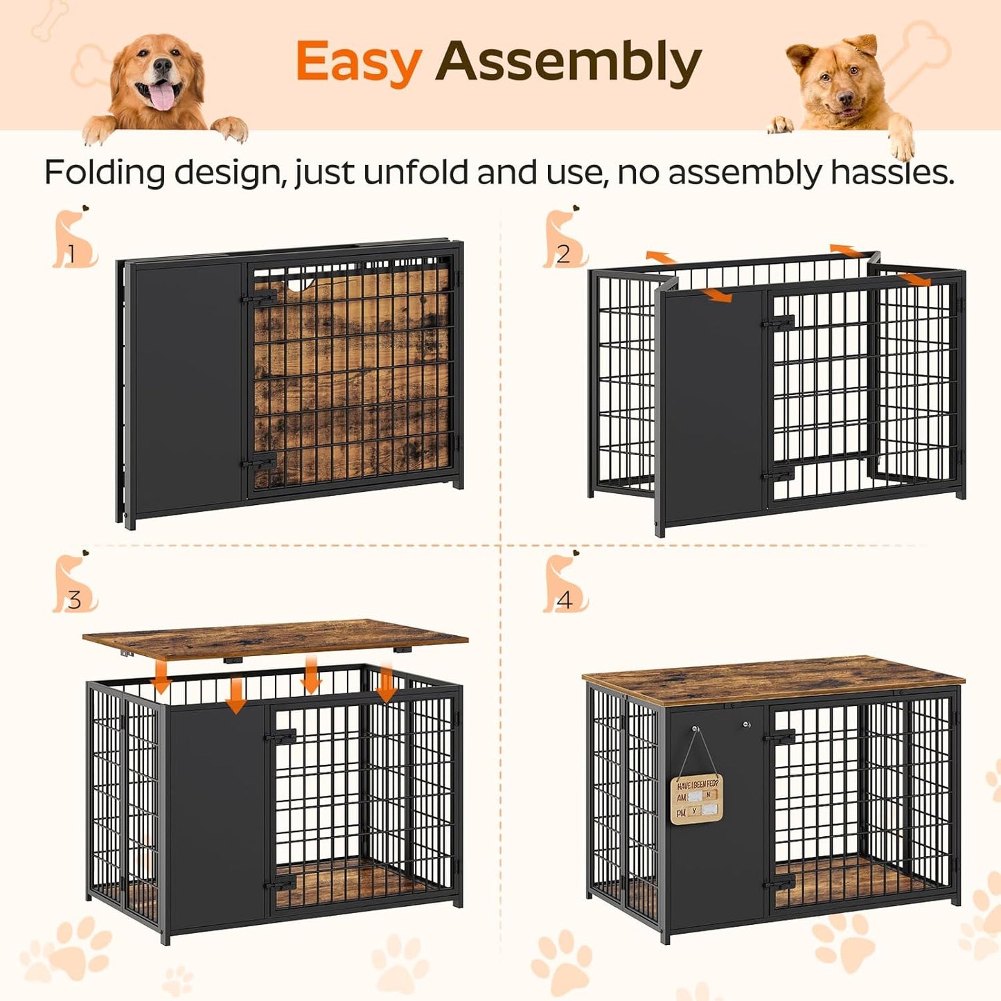 Foldable Dog Crate Furniture, Dog Crate with DIY Frame, Heavy Duty Dog Kennel Indoor with Hooks, Wooden Dog Cage End Table, for Small/Medium Dogs, White and Walnut DC95WH