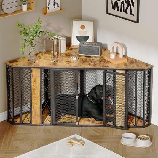 𝙎𝙖𝙪𝙙𝙞𝙨𝙢 67" XL Corner Dog Crate Furniture, Large Wooden Dog Kennel Furniture with 2 Doors, Decorative Dog Crate, Dog Kennel TV Stand End Table for Small to Large Dogs