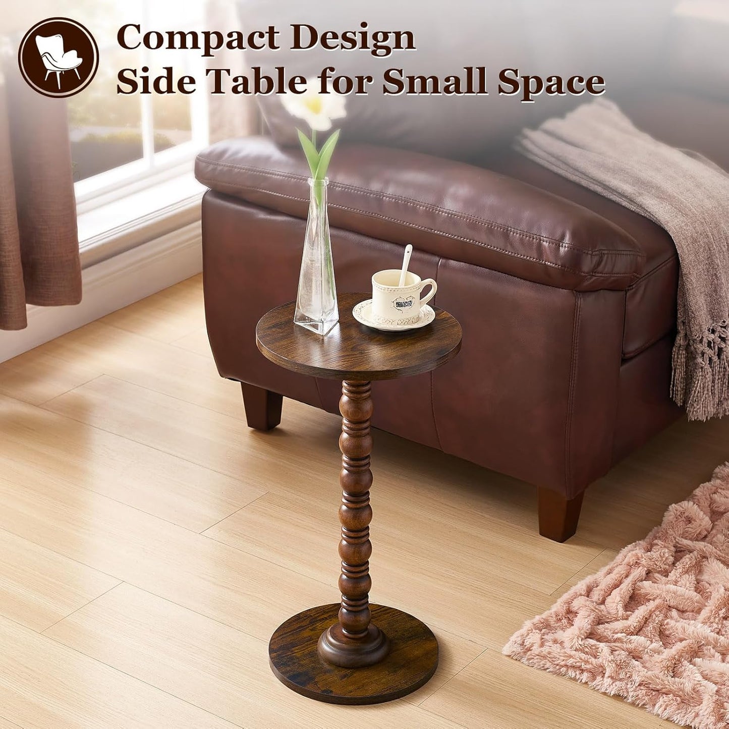 Round Side Table,Stable Small Drink Table for Small Spaces, Modern Accent Side Table with Solid Rubber Wood Table Leg,Easy Assembly for Living Room, Bedroom, Sofa & Office Corners-Rustic Brown