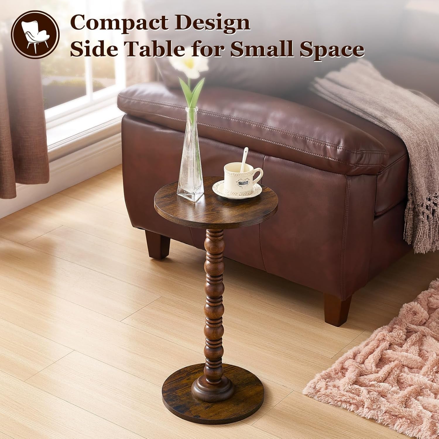 Round Side Table,Stable Small Drink Table for Small Spaces, Modern Accent Side Table with Solid Rubber Wood Table Leg,Easy Assembly for Living Room, Bedroom, Sofa & Office Corners-Rustic Brown