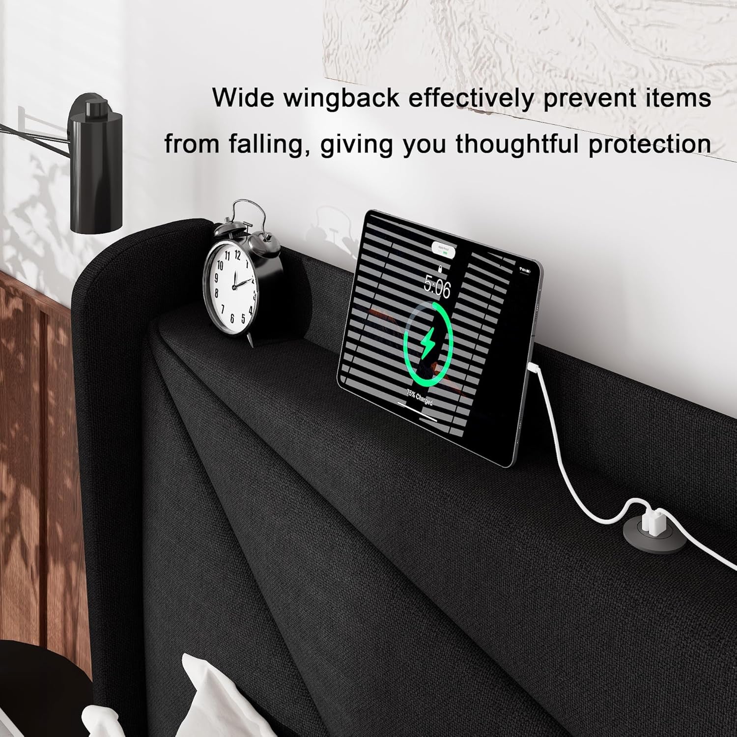 Queen Size Bed Frame with Charging Station, Linen Upholstered Platform Bed Frame with Wingback Storage Headboard, Solid Wood Slats Support, No Box Spring Needed, Noise Free, Black