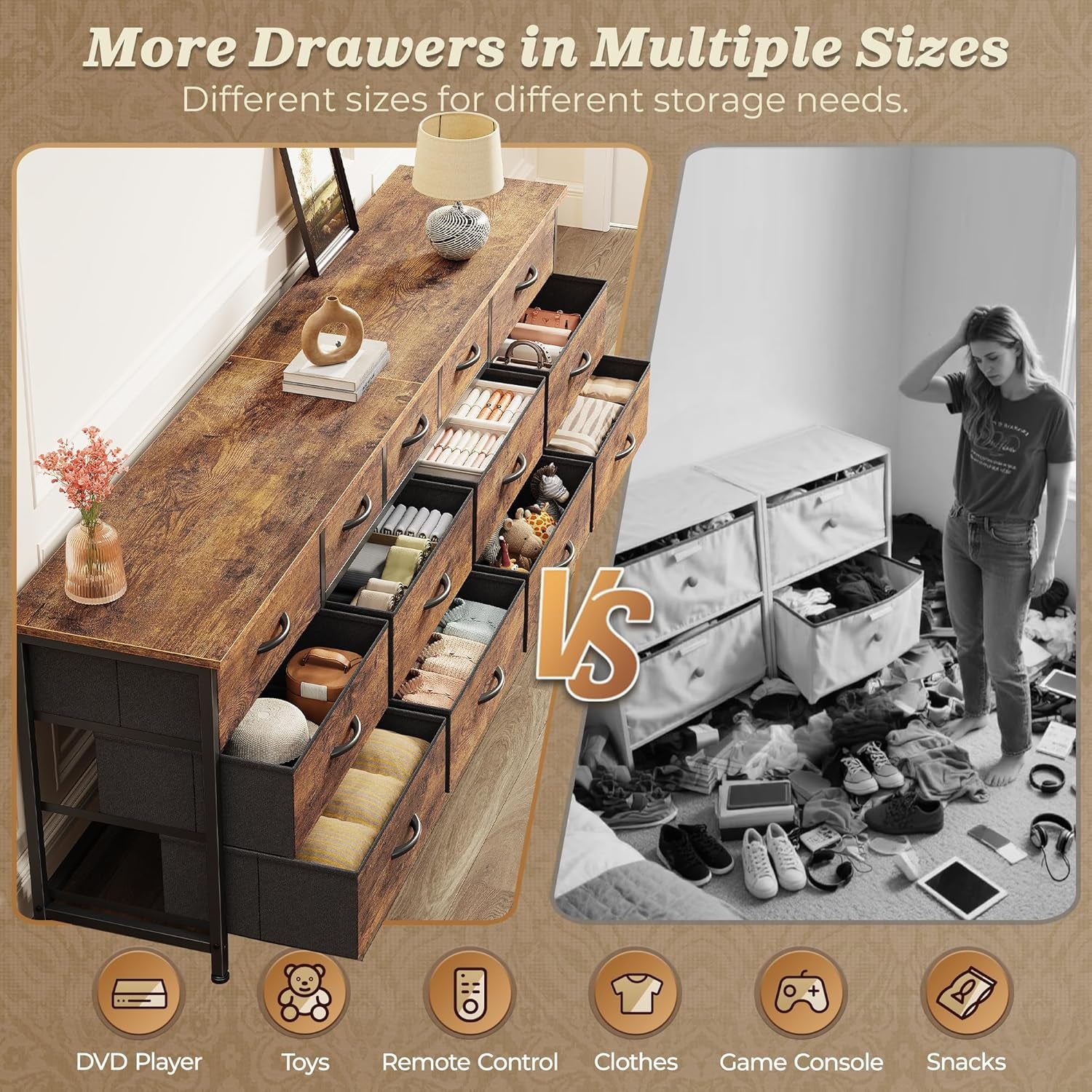 70 Inch Dresser for Bedroom, TV Stand for 65, 75, 80 Inch TV, 13 Fabric Drawer Long Dresser, Large Entertainment Center for Bedroom, Wide Chest of Drawer with Storage, Rustic Brown