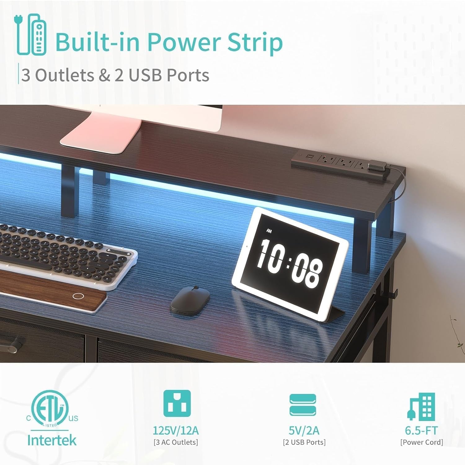 Gaming Desk with Led Lights and Power Outlets, 47 Inch Home Office Desk with Monitor Stand & Shelves, Writing Study Computer Desks with Fabric Drawers for Bedroom, Black