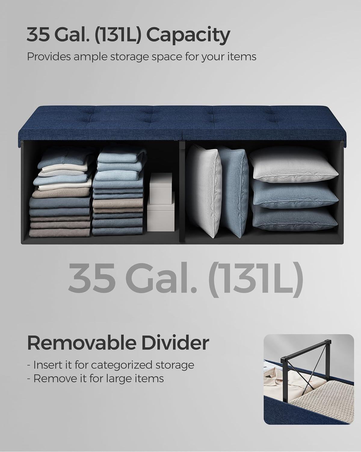 Mazie Collection - 43 Inches Storage Ottoman, Foldable Storage Bench with Flipping Lid, 660 Lb Load Capacity, for Entryway, Living Room, Bedroom, Midnight Blue ULSF076Q02