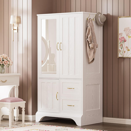 Armoire Wardrobe Closet with Mirror and 3 Doors and 2 Drawers, Bedroom Wooden Armoire Storage Cabinet Combination with Hanging Rod for Bedroom, White