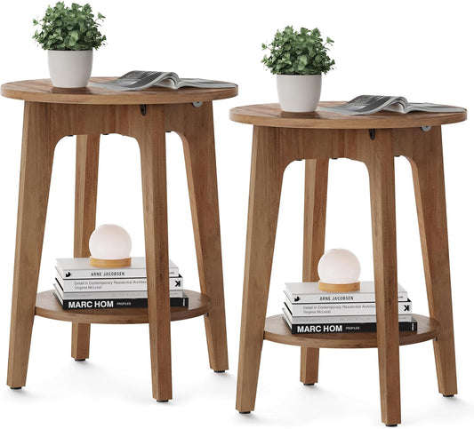 Side Tables, Set of 2, Small round End Table with Lower Shelf, Nightstand for Small Spaces, Living Room, Bedroom, Rustic Walnut ULET289K01