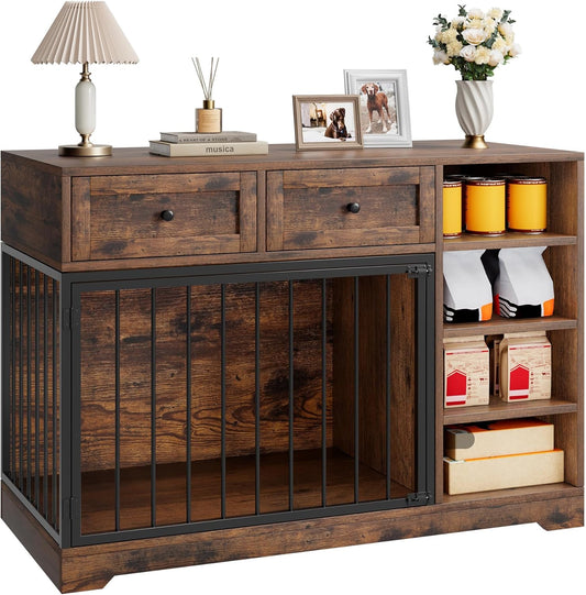 Wooden Dog Crate Furniture with 2 Drawers and 4 Open Shelves, Multi-Functional Pet Kennel & TV Stand with Storage for Indoor Use, Brown