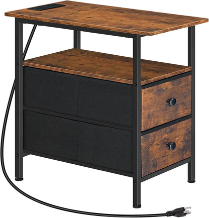 End Table with Charging Station, Narrow Side Table, Nightstand with 2 Non-Woven Drawers, Slim Sofa Side Table, for Small Spaces, Living Room, Bedroom, Rustic Brown and Black BF486UBZ01