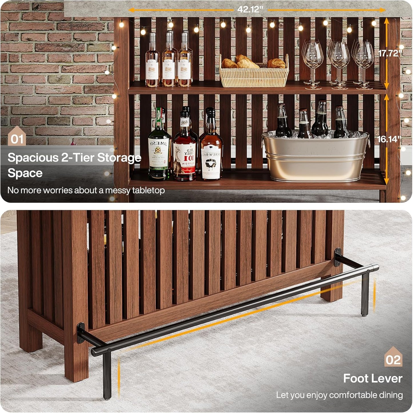 63-Inch Large Home Bar Unit, 2-Tier Kitchen Island Mini Bar Height Pub Table with Footrest, Modern Coffee Bar Cabinet for Dining Room, Bistro, Living Room