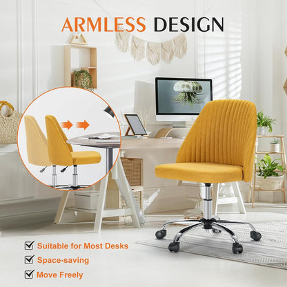 Armless Office Chair, Modern Fabric Home Office Desk Chairs with Wheels Adjustable Swivel Task Computer Vanity Seat for Small Spaces，Ginger Yellow
