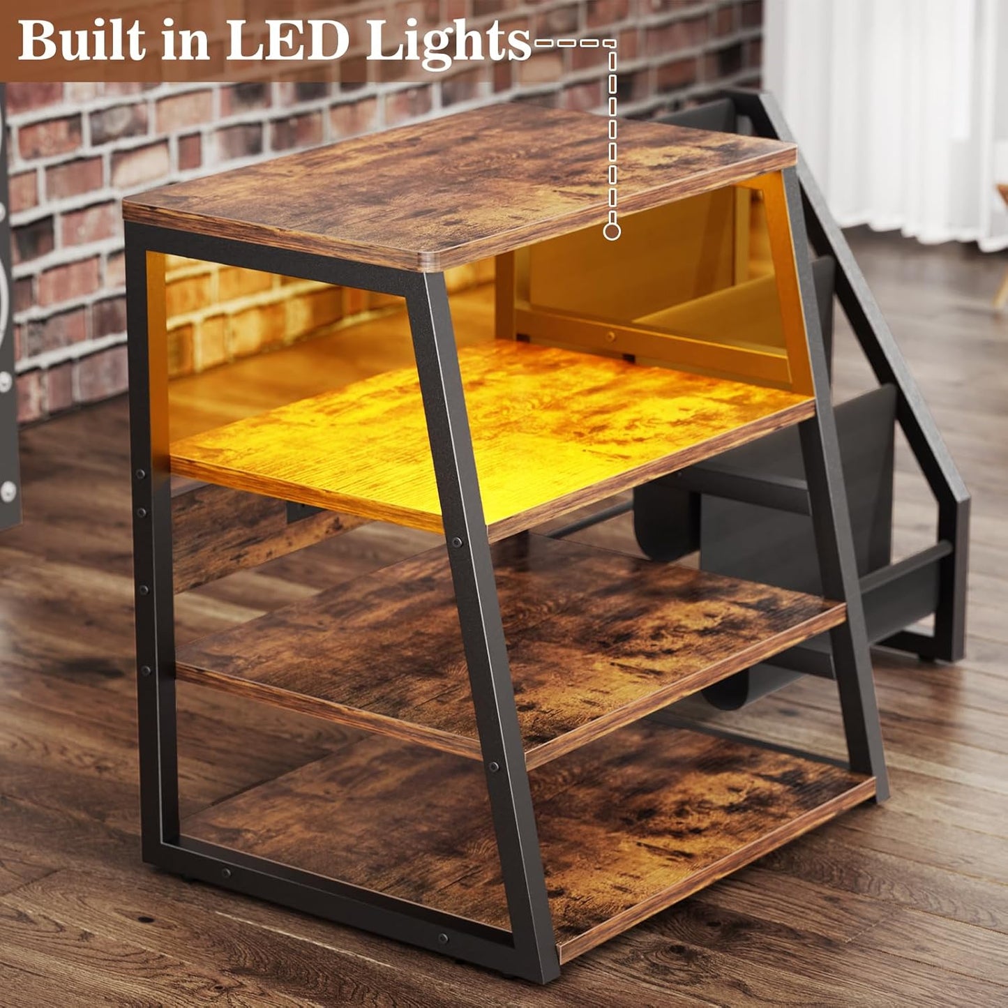 AV Media Stand with Outlets, Stereo Stands and Racks with Vinyl Storage, Stereo Stand with Record Storage, Audio Stereo Rack Cabinet, Turntable Console Stand with LED Lights, 4 Tiers, Rustic Brown