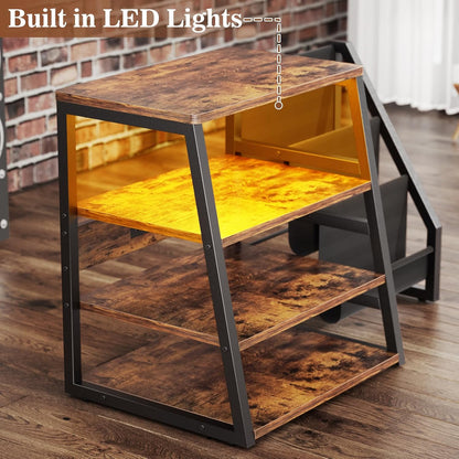 AV Media Stand with Outlets, Stereo Stands and Racks with Vinyl Storage, Stereo Stand with Record Storage, Audio Stereo Rack Cabinet, Turntable Console Stand with LED Lights, 4 Tiers, Rustic Brown