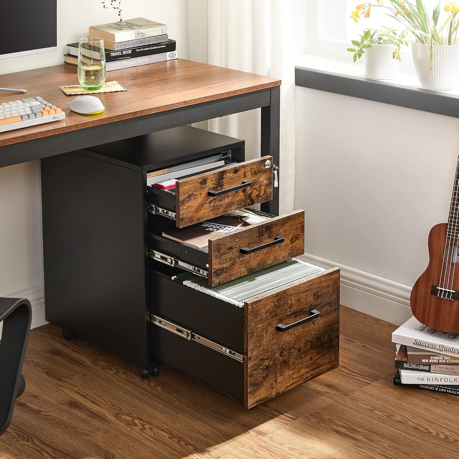 File Cabinet, Pre-Assembled except Wheels and Handles, Office Filing Cabinet with Lock, for A4, Legal, Letter Sized Documents, 17.7 X 14.4 X 23.6 Inches, Rustic Brown and Black UOFC110B01V1