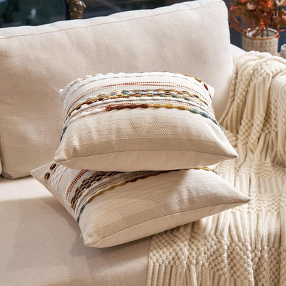 Boho Throw Pillow Covers 18X18 Inch Set of 2, Farmhouse Decorative Striped Square Pillow Covers Chenille Tufted Pillow Cases Accent Neutral Pillowcase for Living Room Couch Bed, Orange White