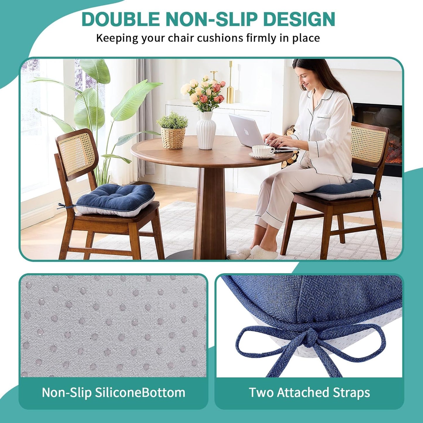 Chair Cushions for Dining Chairs Set of 4,3.5" Thick Kitchen Table Chair Pads with Ties,Non Slip Backing and Covers, Seat Cushion for Dining Room,Bar,Patio Chairs,16"X16"X3.5",Navy Blue
