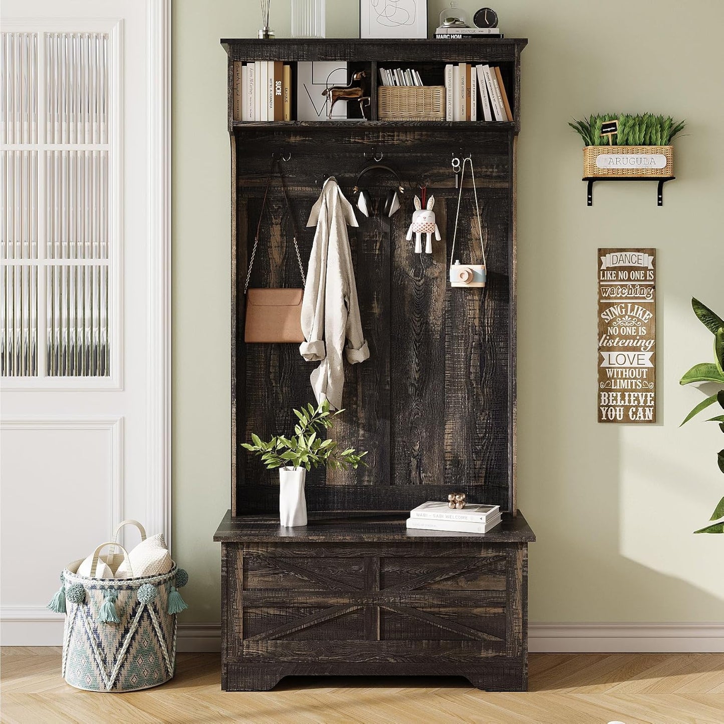 4-In-1 Hall Tree with Storage Bench, 71" Entryway Bench with Coat Rack & Storage Cabinet, Mud Room Organization with Seating, 5 Hooks, Retro Accent Coat Tree for Living Room, Rustic Dark Brown