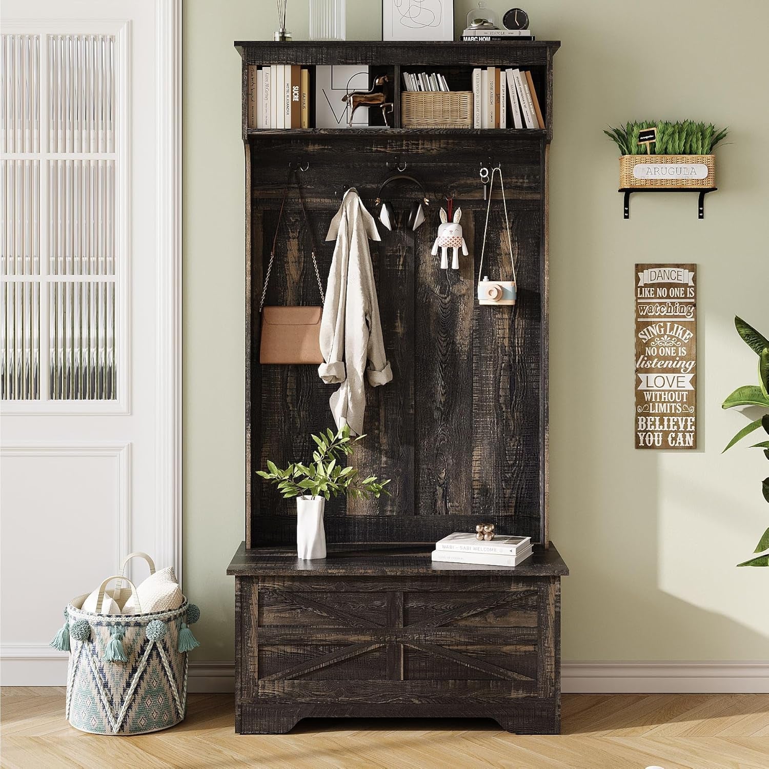 4-In-1 Hall Tree with Storage Bench, 71" Entryway Bench with Coat Rack & Storage Cabinet, Mud Room Organization with Seating, 5 Hooks, Retro Accent Coat Tree for Living Room, Rustic Dark Brown