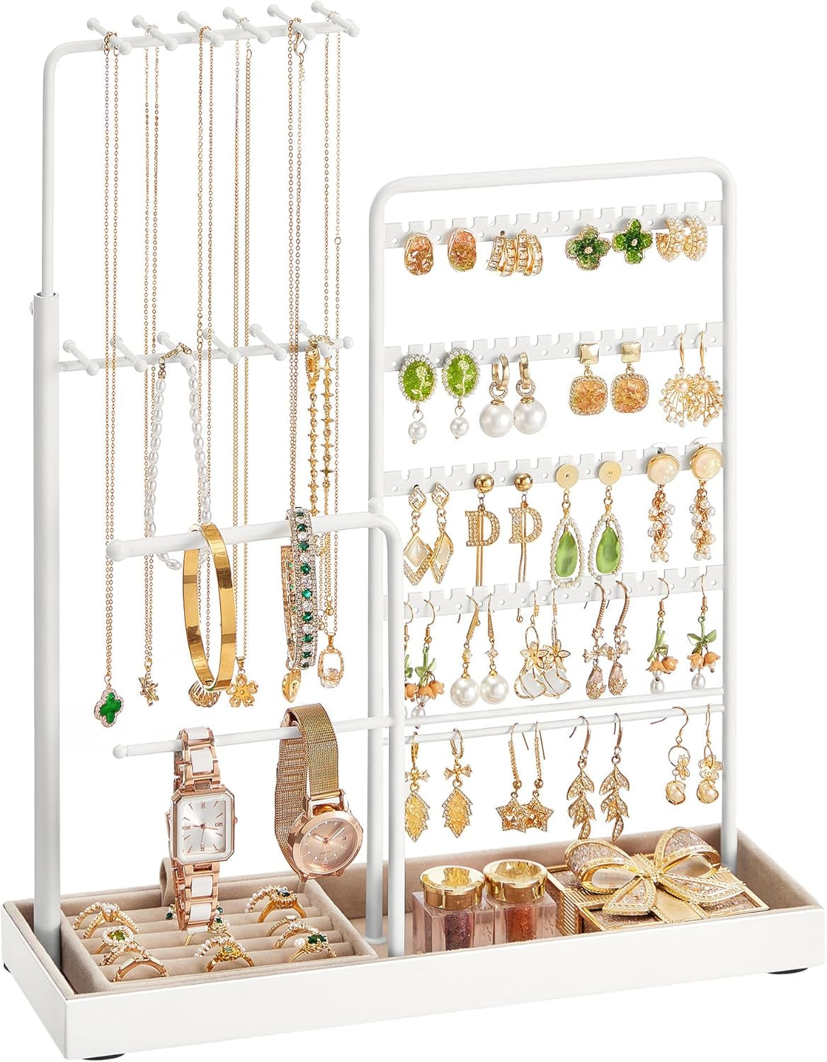 Jewelry Holder, Jewelry Storage Organizer Stand with Metal Frame, Velvet Tray, 12.1 to 18.7 Inches Tall Height Adjustable Necklace Holder, for Rings, Earrings, Pale Gold UJJS026A01