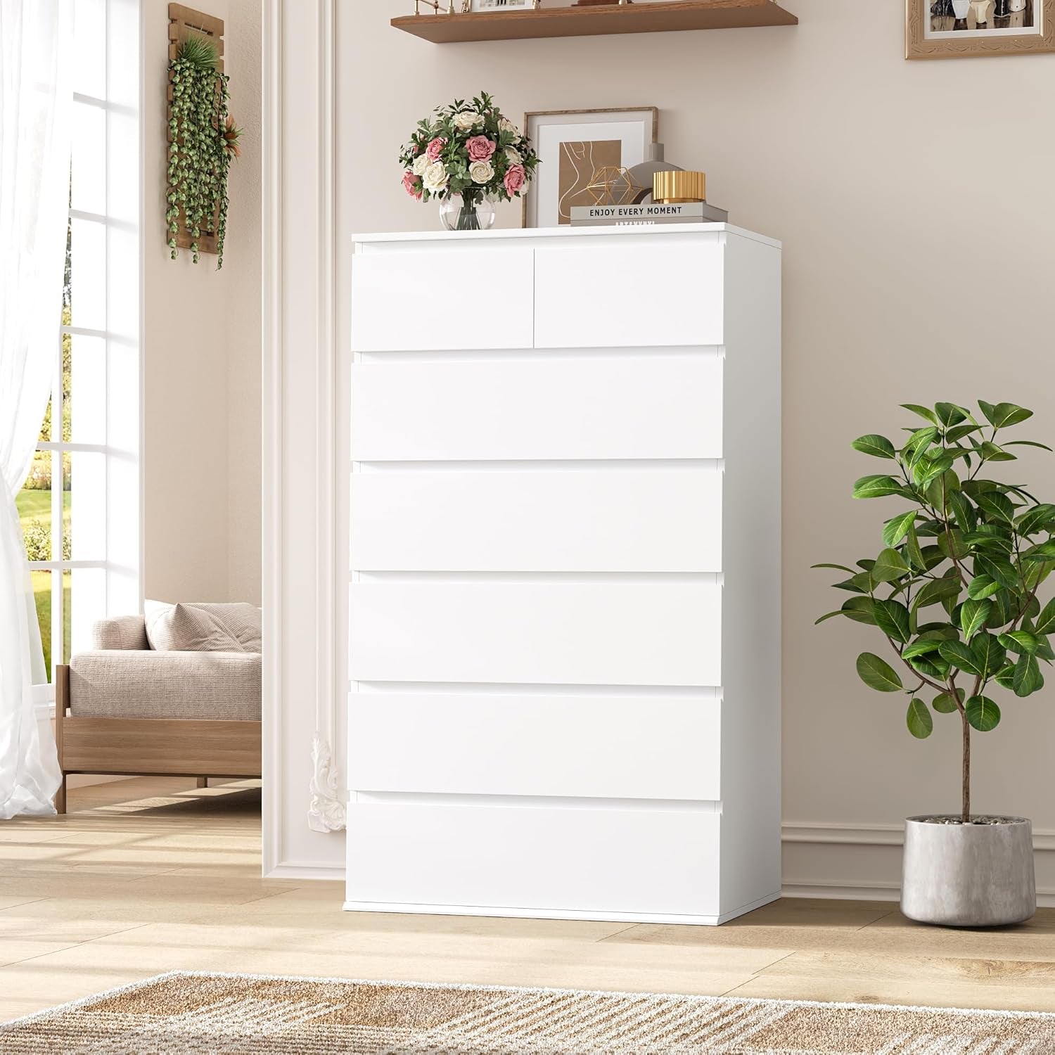 7 Drawer Dresser, White Dresser Tall Dresser, 23.6W X 15.7D X 46.7H in White Chest of Drawers with Large Storage Space for Home