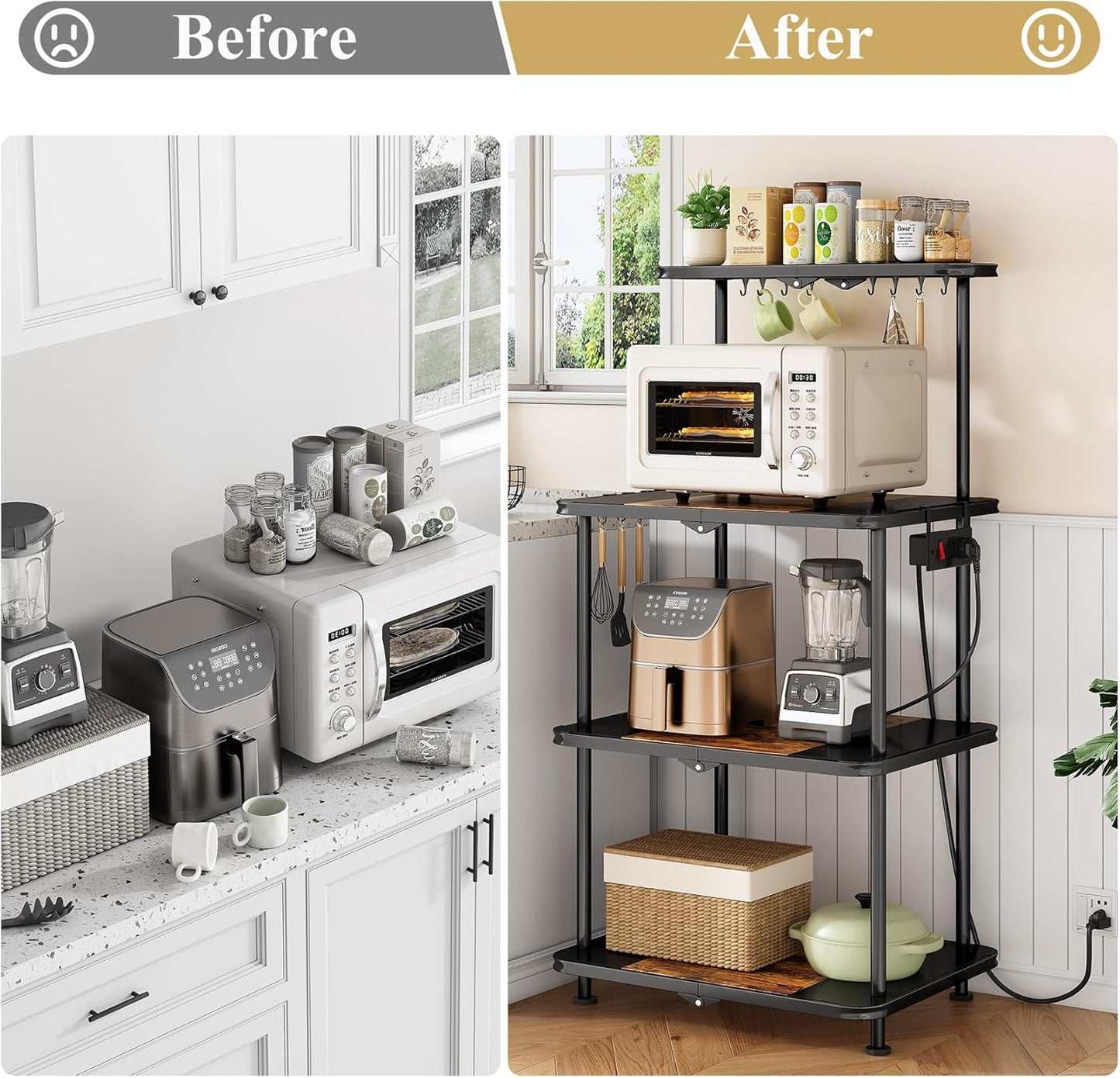 Kitchen Bakers Rack with Power Outlet - Easy & Tool-Free Assembly, Adjustable Coffee Bar Station 4 Tiers, Microwave Stand with 12 Hooks, Brown