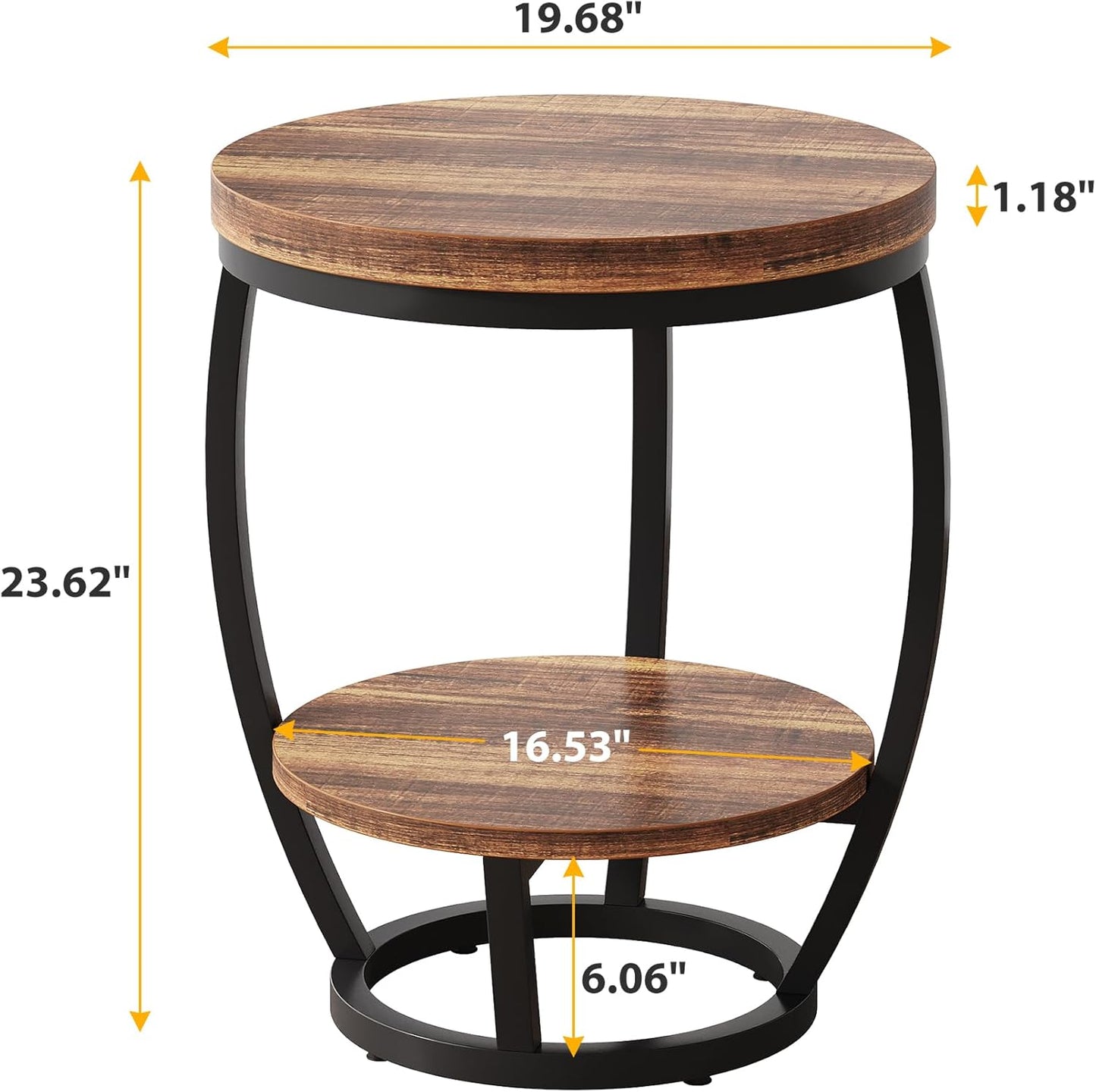 Round End Table, 2 Tier Industrial Side Table, Nightstand with Metal Frame, Accent Bedside Table with Storage Shelves for Living Room, Bedroom, Small Spaces, Rustic Brown & Black