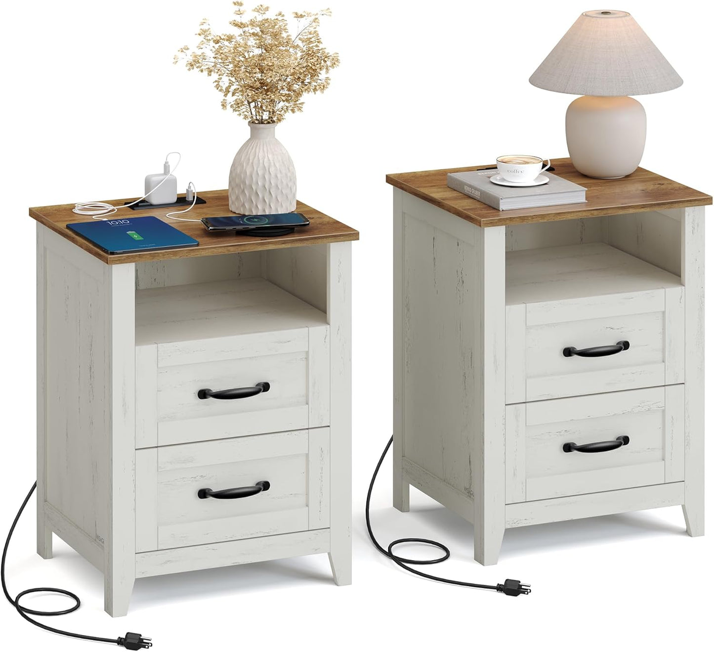 LIRY Collection - Farmhouse Nightstands with Charging Station, Set of 2 Bedside Tables, Side Tables with 2 Drawers, Open Compartment, for Bedroom, Rustic White and Honey Brown ULET869W01