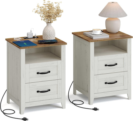 LIRY Collection - Farmhouse Nightstands with Charging Station, Set of 2 Bedside Tables, Side Tables with 2 Drawers, Open Compartment, for Bedroom, Rustic White and Honey Brown ULET869W01