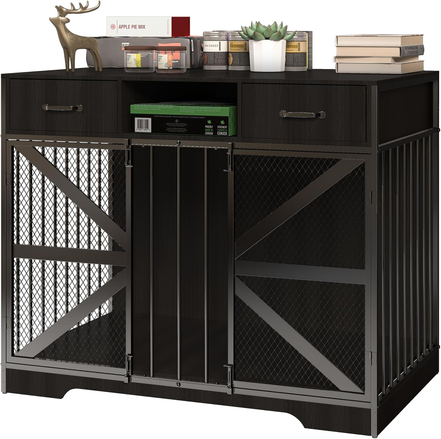 44" Dog Crate Furniture, Wooden Heavy Duty Dog Kennel TV Stand with 2 Drawers, Indoor XL Crate for Medium & Large Dogs, Black