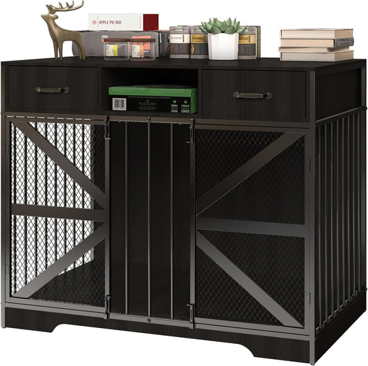 44" Dog Crate Furniture, Wooden Heavy Duty Dog Kennel TV Stand with 2 Drawers, Indoor XL Crate for Medium & Large Dogs, Black