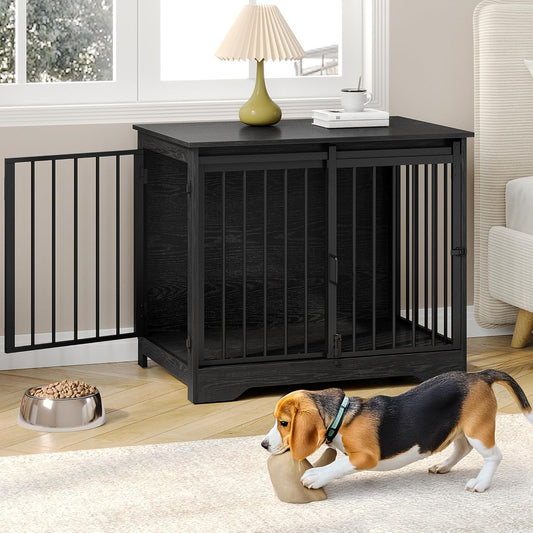 31.9" Dog Crate Furniture with Barn Door, Heavy Duty Dog Kennel Indoor with 2 Doors, Wooden Pet Cage End Table for Small Medium Dogs up to 44 Lb, Anti-Chew Anti-Escape, Black DFC83604B