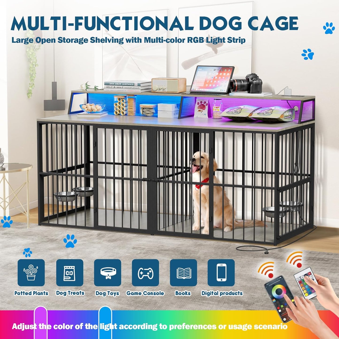 71.5" Dog Crate Kennel Furniture Indoor, Large Double Dog Crate TV Stand W/Led Light & Power Outlet, Furniture Style Wooden Dog Cage for Large Medium Dogs W/4 Lockable Doors & Rotating Bowls