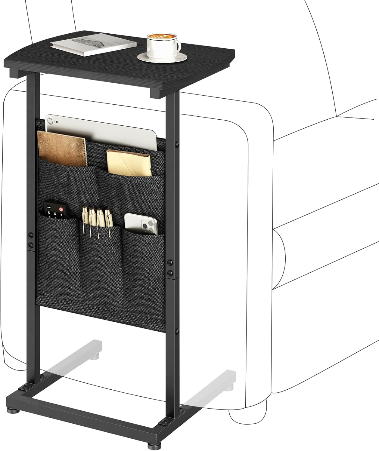C Shaped End Table, 28.3" Side Table for Small Spaces, Couch Table with Storage Bag, Slide under Sofa Side Table, for Living Room, Bedroom, Black BB40SF01