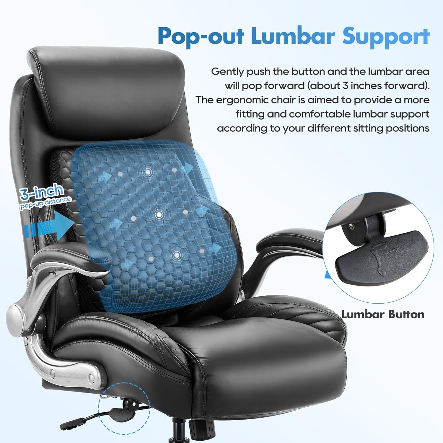 Office Ergonomic Desk High Back Executive Chair with Pop-Out Lumbar Support, Upgraded Casters, Adjustable Headrest, Flip-Up Arms, Leather Home with Thick Cushion for Comfort - Black