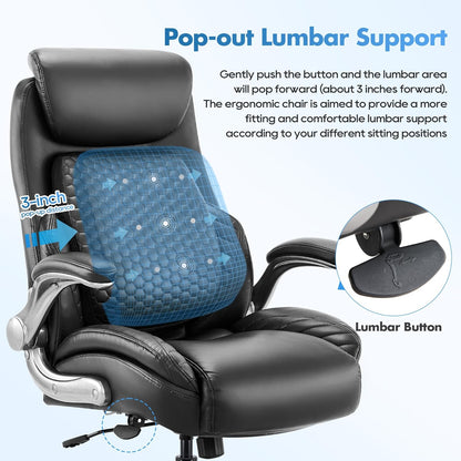Office Ergonomic Desk High Back Executive Chair with Pop-Out Lumbar Support, Upgraded Casters, Adjustable Headrest, Flip-Up Arms, Leather Home with Thick Cushion for Comfort - Black