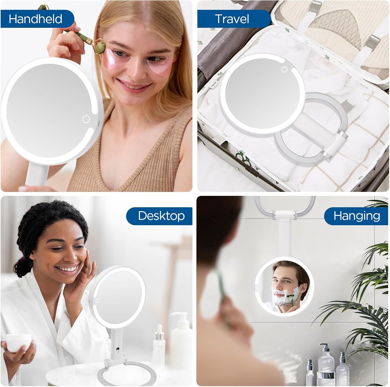 Magnifying Mirror with Light, Makeup Mirror with Lights and Adjustable Brightness, Hanging and Handheld Mirror with Handle, Travel Portable Lighted Makeup Mirror, 360°Rotation, Memory Function 1X/10X